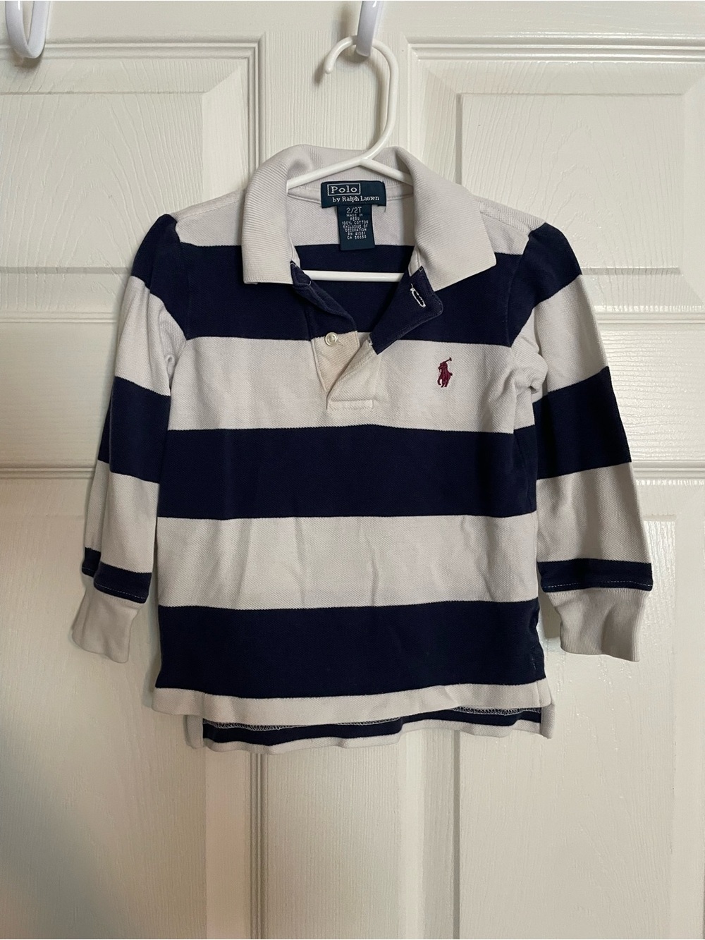 Polo by Ralph Lauren Boys' 2T Navy & White Striped Rugby Polo with Red Logo